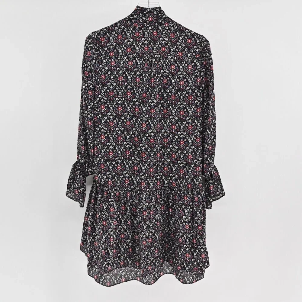 JOIE Dress Sz S Jamira Black Floral Silk Tie Neck Bell Sleeve Ruffle Mini Ditsy‎